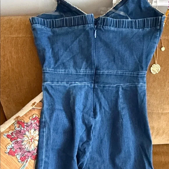 Denim Jumpsuit with Rhinestone Trim - Picture 7 of 9